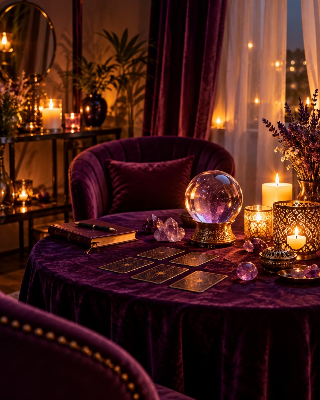 Table de consultation en velours violet avec boule de cristal, cartes et bougies
