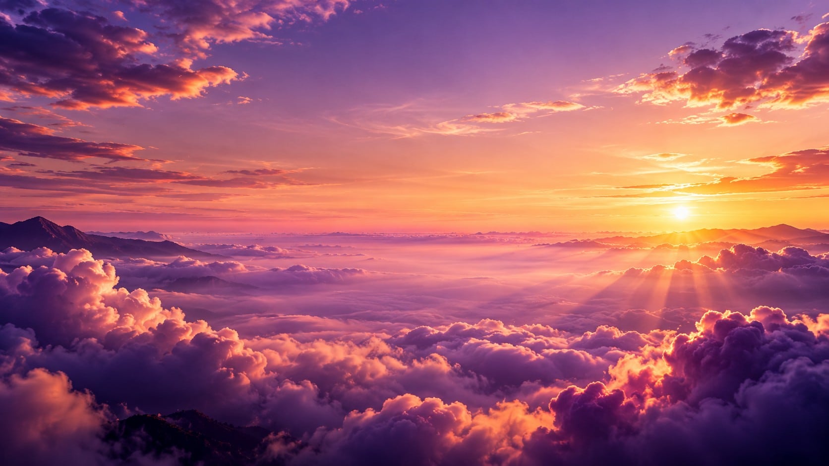 Mer de nuages violets et dorés au lever du soleil