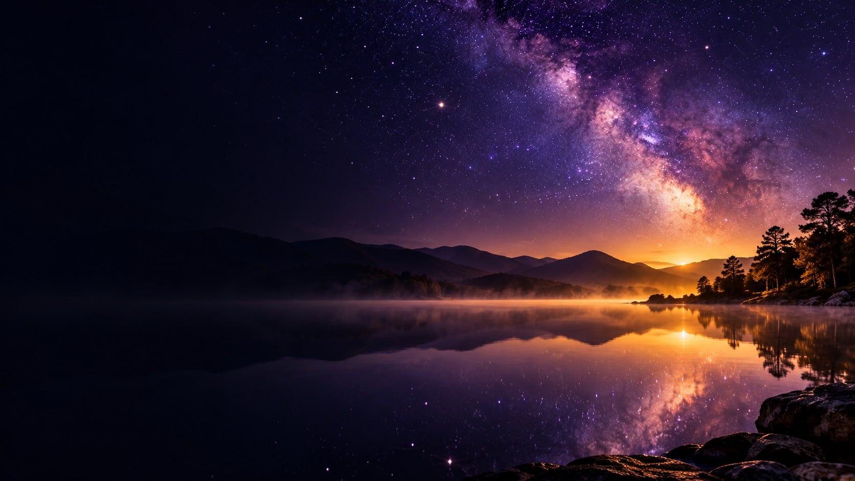 Ciel étoilé et voie lactée violette au-dessus d'un lac calme