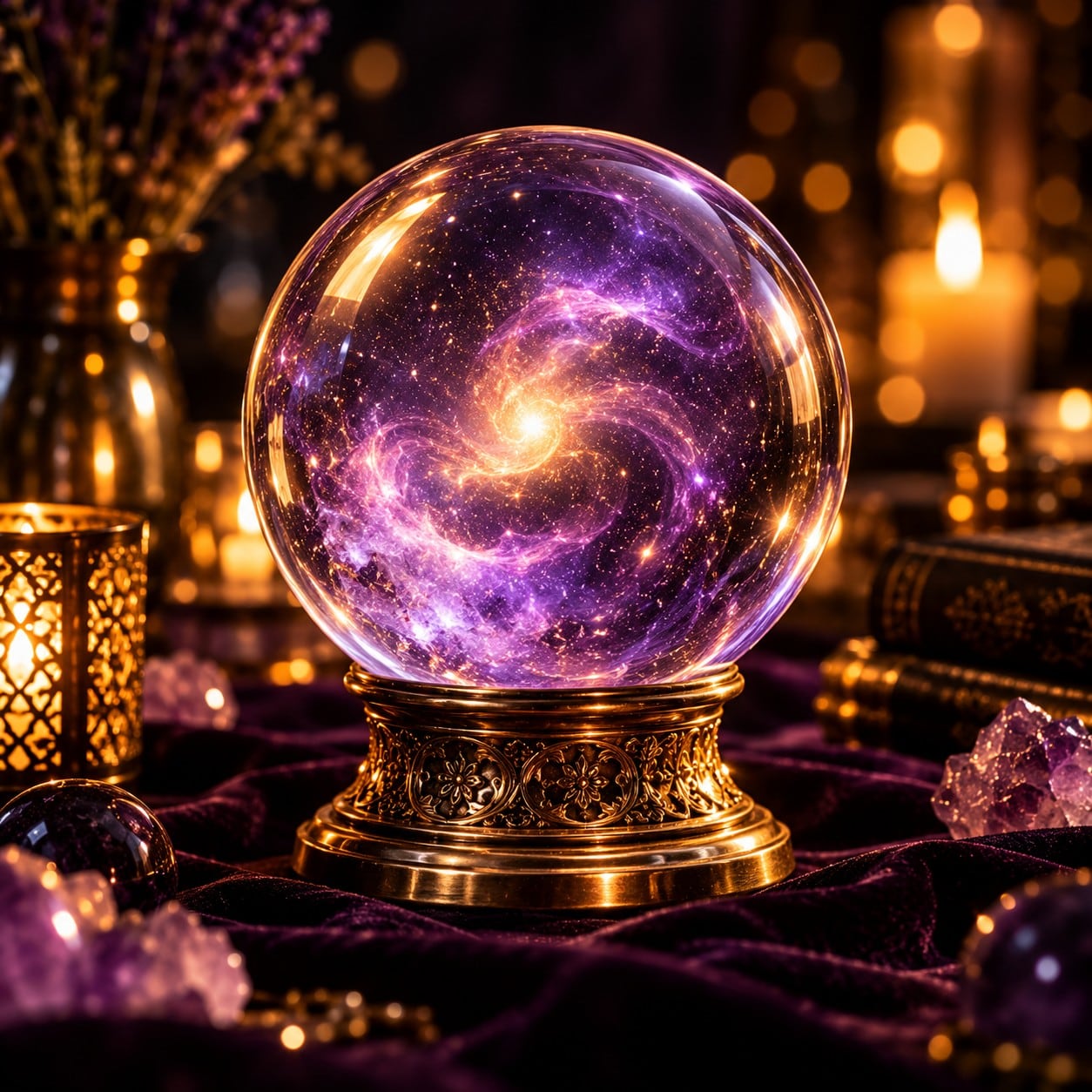 Boule de cristal où tourbillonne une galaxie violette et dorée